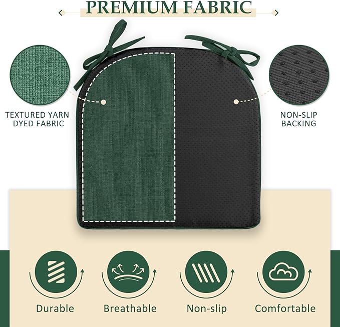 Wellsin Chair Cushions for Dining Chairs 4 Pack - Kitchen Chair Cushions with Ties and Non-Slip Backing - Dining Chair Pads 16"X16"X2", Dark Green