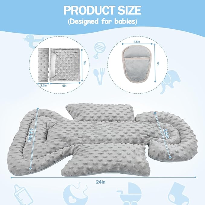 Infant Car Seat Insert Boy Girl, 3 in 1 Newborn Carseat Insert with Strap Pads, Car Seat Head Support for Baby Strollers, Swings, and Bouncers, Comfortable and Machine Washable, Grey
