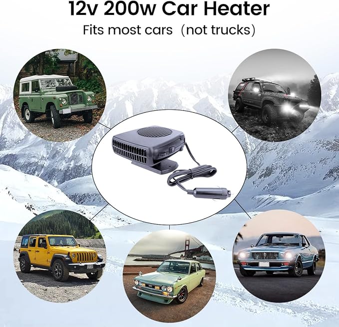 12V Car Heater,200W Portable Windshield Defogger and Defroster Fast Heating & Cooling Fans with Cigarette Lighter Plug(Black)
