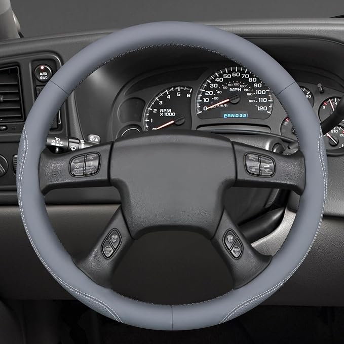 MEWANT Hand Stitch Steering Wheel Cover for Chevy Silverado 1500 2500 3500 2003-2006 Silverado Classic 2007 Trailblazer 2002-2009 Custom Grey Genuine Leather Interior Accessory Wrap Restoration Kit