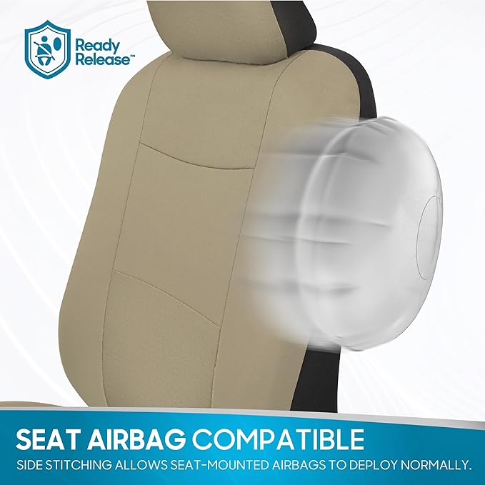 BDK PolyPro Car Seat Covers Full Set in Solid Beige, Front and Rear Split Bench Seat Covers for Cars, Easy to Install Car Seats Cover Set and Accessories for Auto Trucks Van SUV - Solid Beige