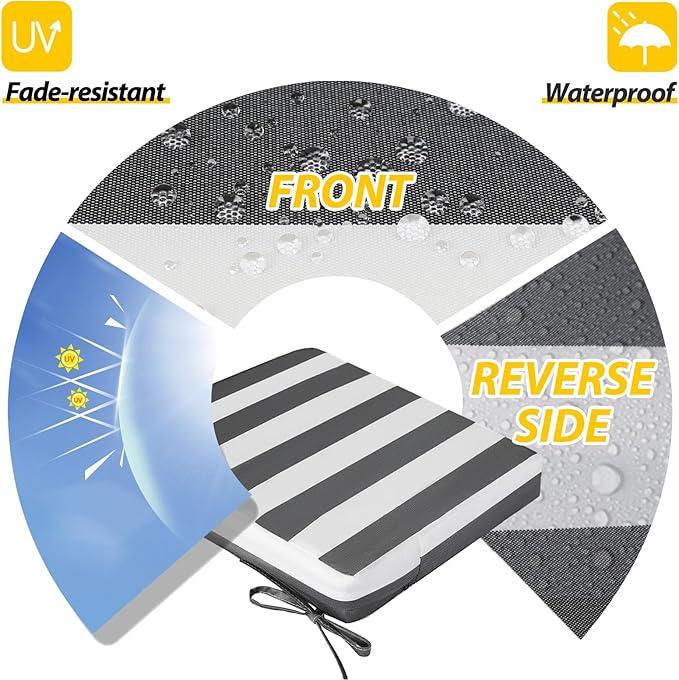 AAAAAcessories Outdoor Seat Cushions for Chairs, Waterproof, Fade-Resistant, 20" x 20" x 3", Patio Furniture Replacement Cushions, Set of 2, Gray Cabana Stripe