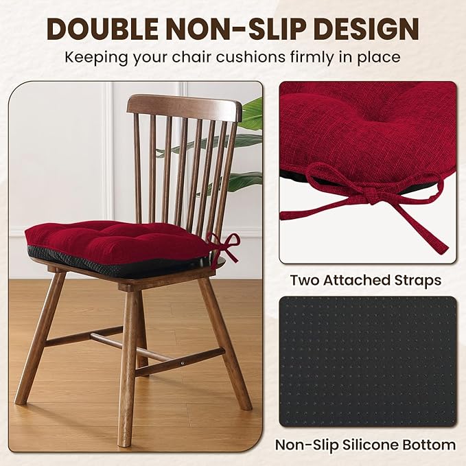 downluxe Indoor Chair Cushions for Dining Chairs, Tufted Overstuffed Textured Kitchen Chair Pads with Ties and Non-Slip Backing, 16.5" x 16.5" x 4", Red, 4 Pack