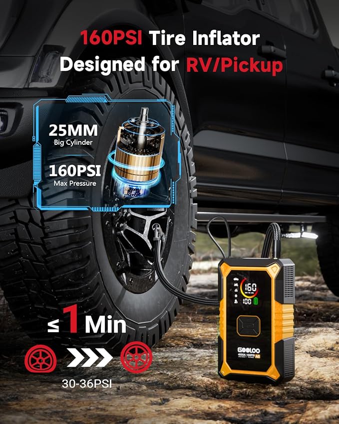 GOOLOO A5 Car Jump Starter with Air Compressor, 4000A Portable Car Jump Starter (All Gas/10.0L Diesel) with 160PSI Auto-Off Tire Inflator, 45W Output Power Bank,12V Battery Jumper Starter Portable