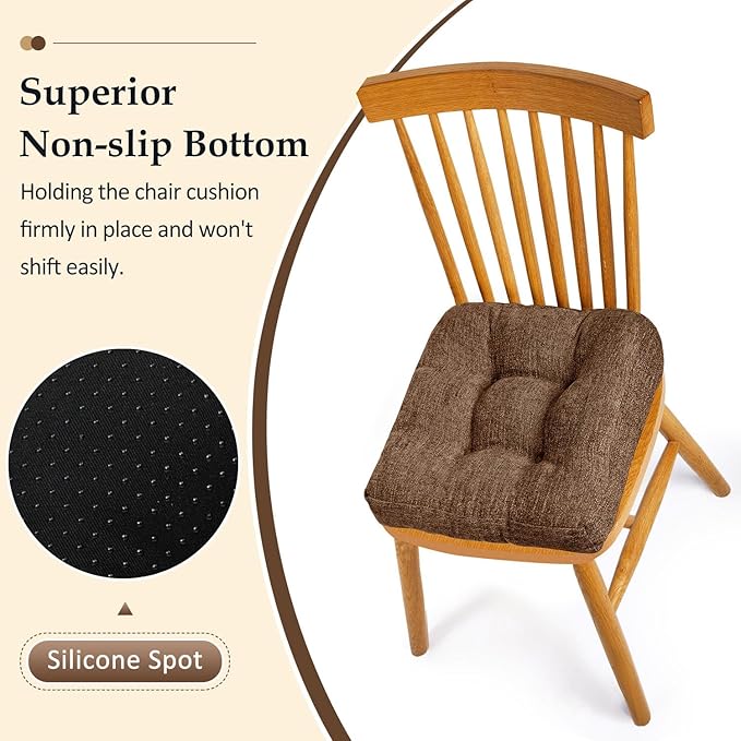 downluxe Chair Cushions for Dining Chairs 4 Pack, Tufted Indoor Chair Pads with Non-Slip Bottom, U-Shaped Kitchen Chair Cushions, 18"x18"x4", Brown