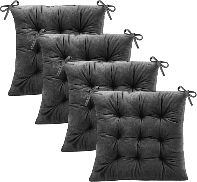 4 Pack Square Seat Cushion Chair Pads for Kitchen Dining Chairs, Soft Comfort Velvet Chair Mat Pillow Cushions with Ties for Office Desk Living Room Tatami 15.5", Dark Gray