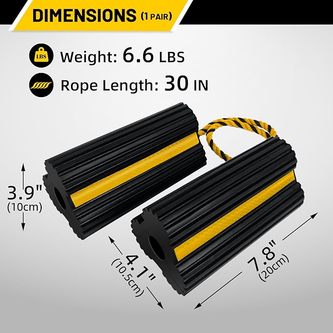 ROBLOCK Heavy Duty Wheel Chocks, Rubber Wheel Block Non-Slip Base with Nylon Rope Yellow Reflective Tape - 1 Pair Black, Wheel Stoppers for Travel Trailers, RV, Aircraft, Car, Camper, Truck