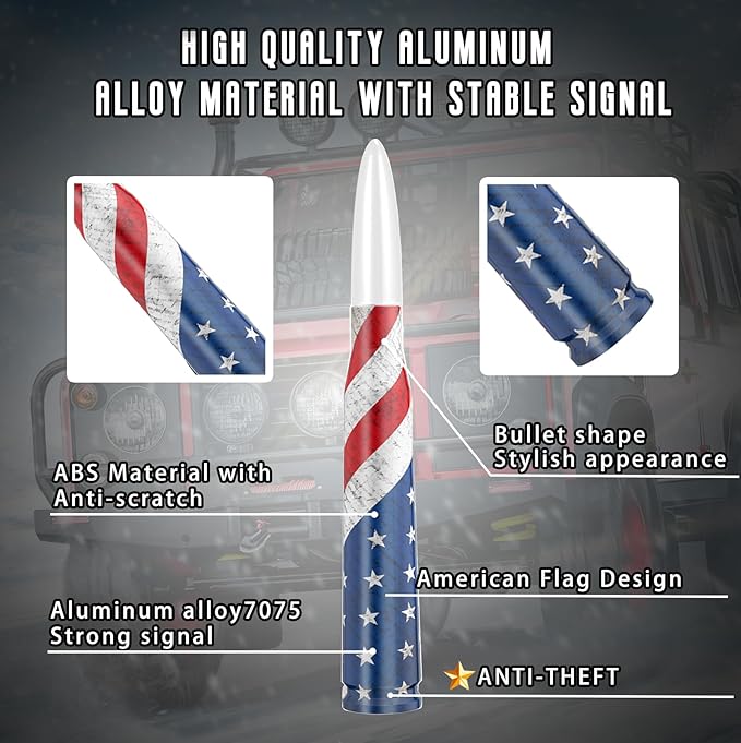 Car Truck Bullet Antenna with Valve Stem Caps for F150 F250 F350 Super Chevrolet Duty Raptor Dodge Ram 1500 2500 3500,Pickup Jeep Accessories（Silver）- American Flag Design-Car Wash Safe