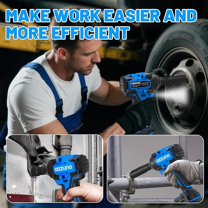 AZZUNO Brushless 1/2 inch Electric Cordless Impact Wrench, 800N.m (590 Ft-lbs), High Torque Electric Wrench, 2x 4.0Ah Battery, Charger & 4 CR-V Sockets, Tool Case