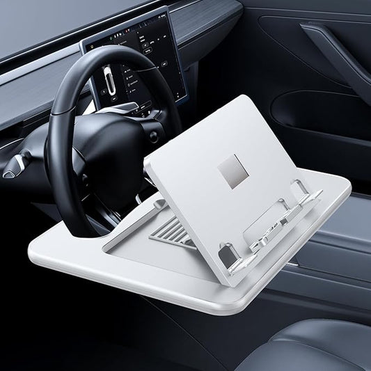 3 in1 Car Steering Wheel Tray Table for Laptop, Height Adjustable Car Table Tray for Driver, Car Food Tray with Drinks Holder,Multipurpose Travel Car Accessories for Long Road Trips-White