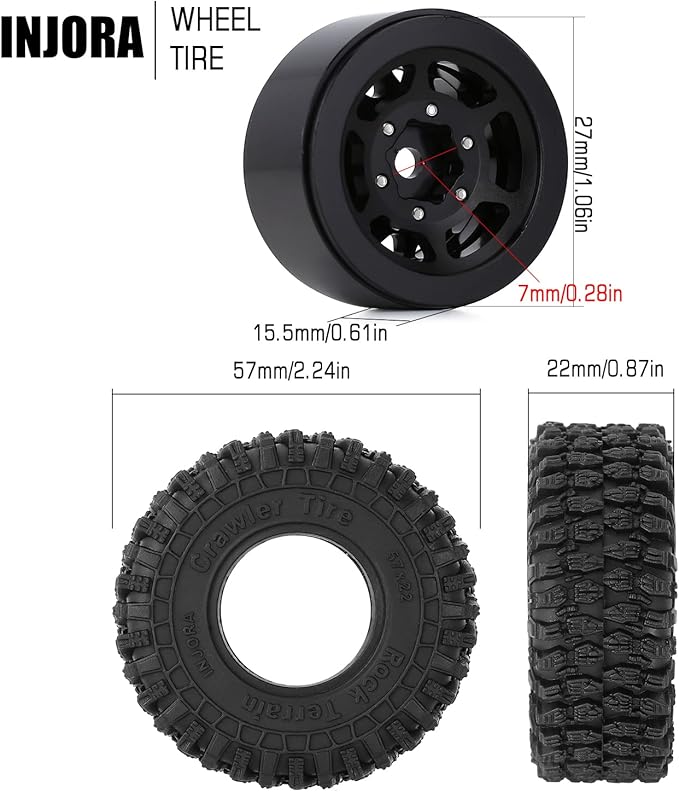INJORA 1.0 Beadlock Wheel S5 Super Soft Sticky Crawler Tires for TRX4M Axial AX24 SCX24 FCX24 Enduro24 Upgrade, 57 * 22mm(Black)