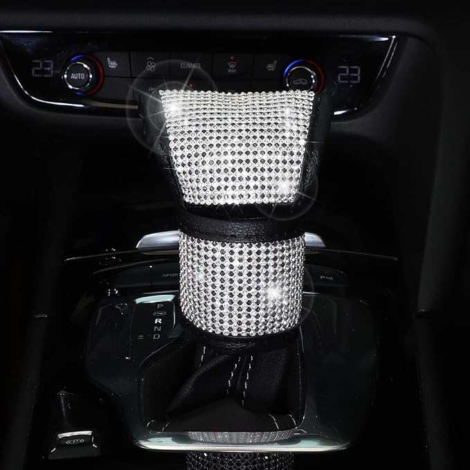 Bling Car Accessories for Women,7 Pack Sparkly Rhinestone Diamond Steering Wheel Cover Set,Bling Seat Belt Cushion,Shift Knob Cover,Push Start Button Accessories,Car Cup Coaster,Silver