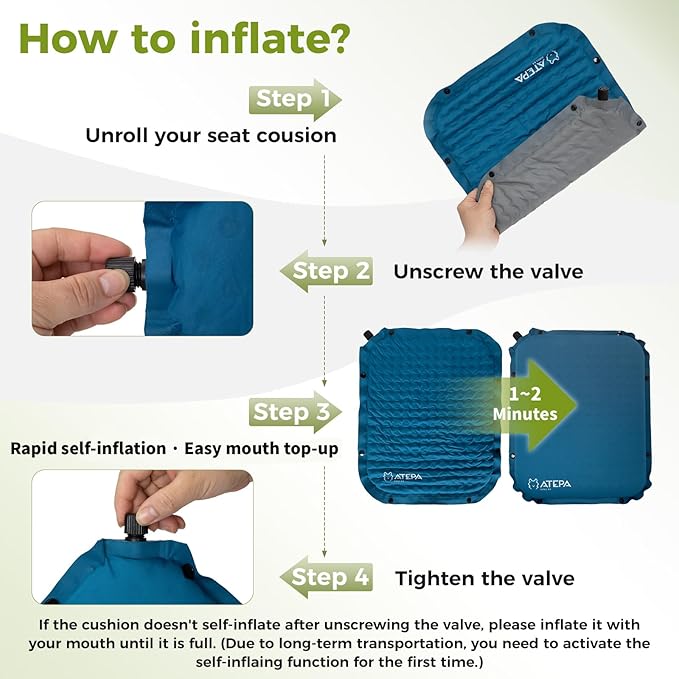 ATEPA Inflatable Seat Cushion, Compact Self-Inflating Seat Cushion for Stadium Airplane Air Travel Bleacher Camping, Blow Up Foam Seat Pad for Outdoor Sports Events Backpacking Hiking Sitting