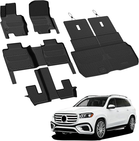 LASFIT Floor Mats & Cargo Mat with Seatback for Mercedes Benz GLS 2020-2026 450/580/ 63 AMG (Fit 7 Seats Without Rear Seat Package), All Weather TPE Custom Fit GLS, 3 Rows & Trunk Mat with Backrest