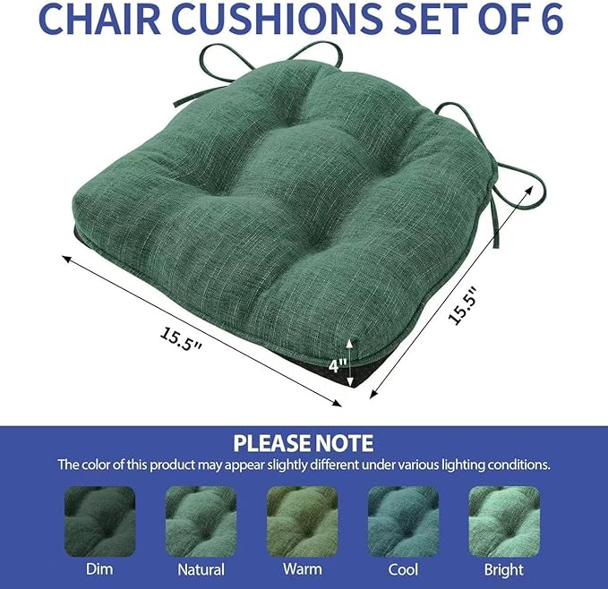 IPYNBAP Chair Cushions for Dining Chairs Set of 6, Kitchen Chair Cushions, Chair Pads with Ties Non Slip Backing, Christmas Room Decor, Tufted Memory Foam Seat Cushion 6 Pack, 15.5x15.5x4, Dark Green