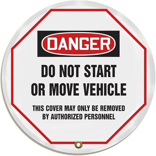Accuform KDD814 STOPOUT Vinyl Steering Wheel Message Cover OSHA-Style Legend DANGER DO NOT START OR MOVE VEHICLE - THIS COVER MAY ONLY BE REMOVED BY AUTHORIZED PERSONNEL 16 Diameter Red/Black on White