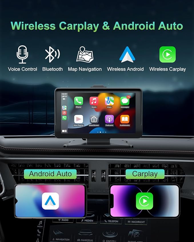 Apple Carplay Screen for Car, 7" HD Portable Wireless Apple Carplay & Android Auto Touchscreen, with 1080P Backup Camera, Car Play Screen Tablet, GPS Navigation/Mirror Link/Bluetooth/FM/Voice Control