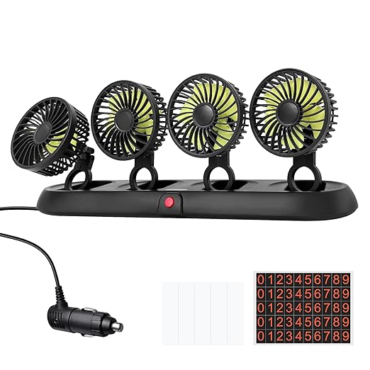 Portable 4-Head Car Cooling Fan - 3-Speed Adjustable, 360° Rotating, Cigarette Lighter Plug, Powerful Airflow for Vehicles, RVs, and SUVs