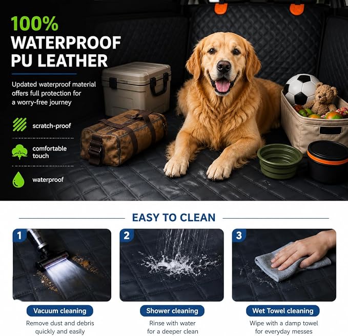 SUV Cargo Liner for Dogs, 100% Waterproof PU Leather Dog Trunk Cover for SUV with Bumper Flap & Side Walls, Heavy Duty Pet Cargo Protector, Fit for Most Mid-Size Large SUVs (Bone Pattern, L)