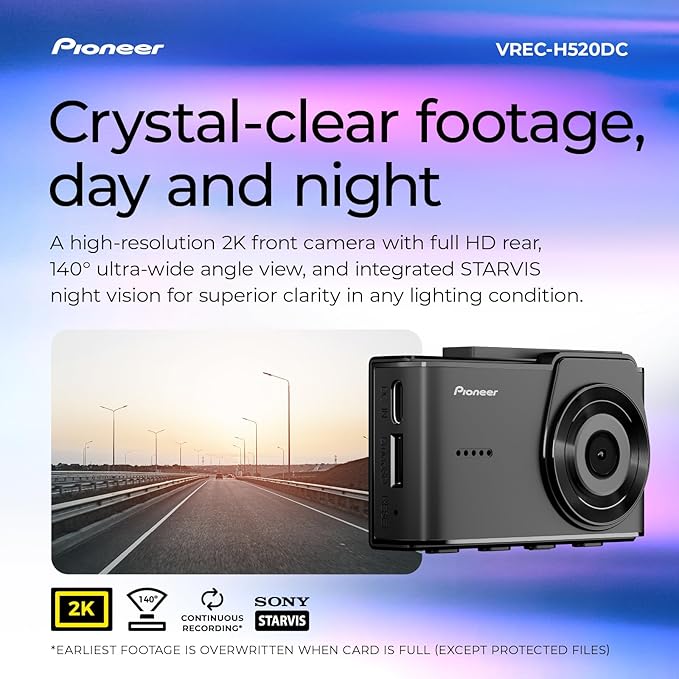 Pioneer VREC-H520DC Dual Dash Cam Front and Rear Car Camera - Large Screen, 2K Resolution, Starvis Night Vision, 140 Degree Wide Lens, ADAS Safety Alerts, Built In GPS, Impact Detection, 24/7 Coverage