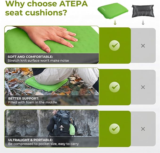 ATEPA Inflatable Seat Cushion, Compact Self-Inflating Seat Cushion for Stadium Airplane Air Travel Bleacher Camping, Blow Up Foam Seat Pad for Outdoor Sports Events Backpacking Hiking Sitting