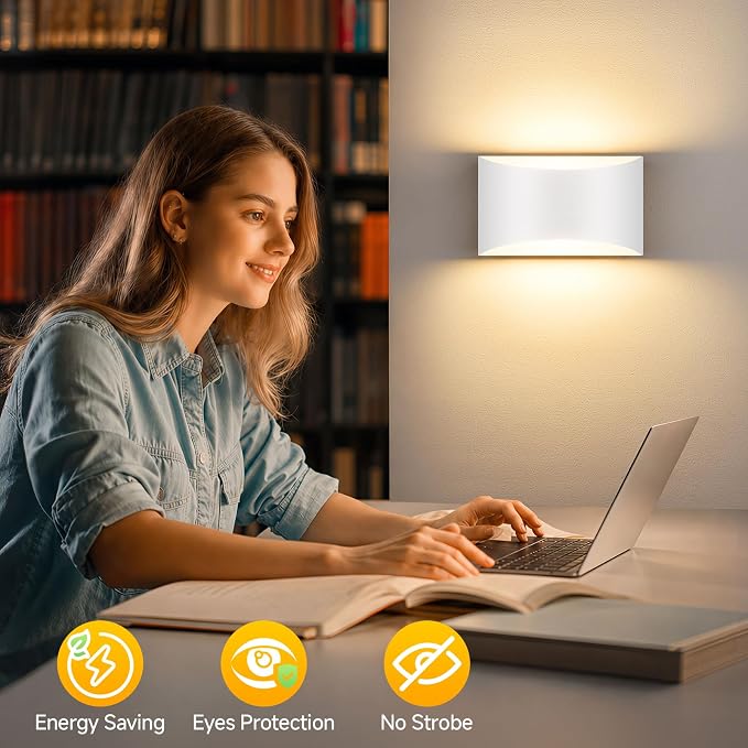 MATAMEYE Modern LED Wall Sconce Set of 2, White Indoor Wall Lighting Fixture with 3 Colors Temperatures, 10W Up/Down Hardwired Wall Mount Lamp for Bedroom Living Room Hallway