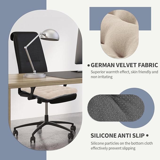 BUYUE Good Support Office Chair Cushion Padded, Soft Velvet Comfortable Non-Slip Seat Cushion for Computer Desk Kitchen Chair (1 Count, Beige)