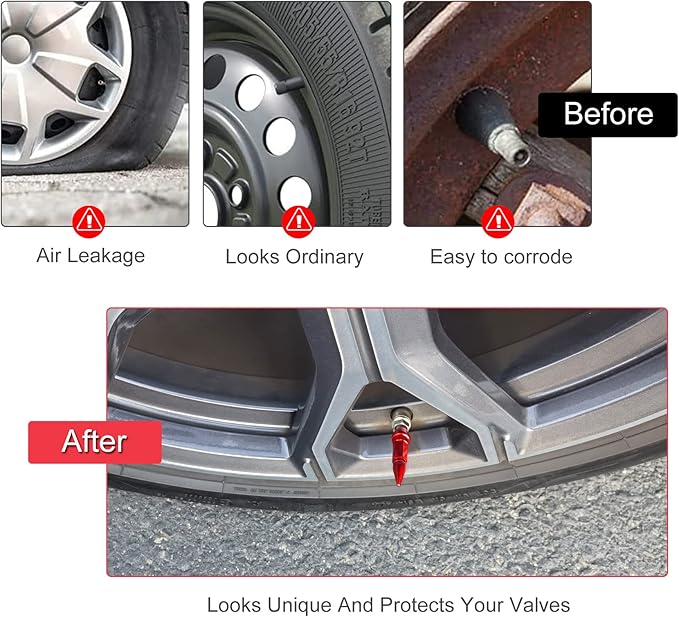 SINGARO 60mm Spiked Valve Caps, Aluminum Alloy Dustproof and Waterproof Tire Valve Stem Caps, Suitable for Cars, Trucks and Motorcycles (4PCS Red)