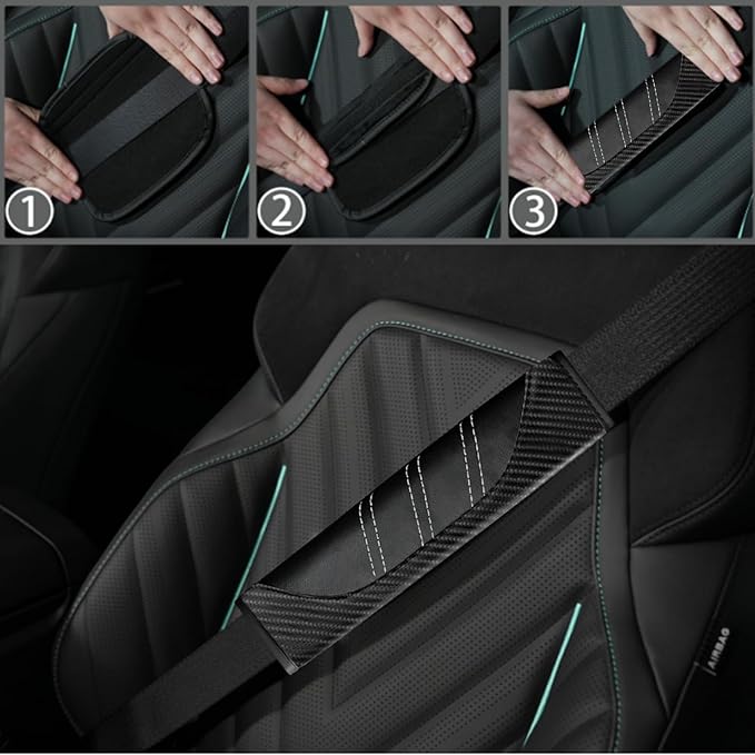 NBTEPEM 6 Pcs Black Car Accessories Set, Sport Leather Steering Wheel Cover 14.5-15inch Universal, Car Center Console Cover, Seat Belt Cushion, Cup Holder Coaster (Black Carbon Fiber)