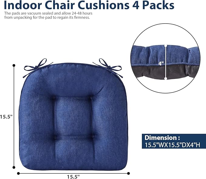 IASEAHK Chair Cushions for Dining Chairs, Seat Cushions for Kitchen Chairs, Indoor Seat Cushions with Ties, Tufted Foam Chair Pads, Non Slip Chair Cushions Set of 2, 15.5" x 15.5" x 4", Navy Blue