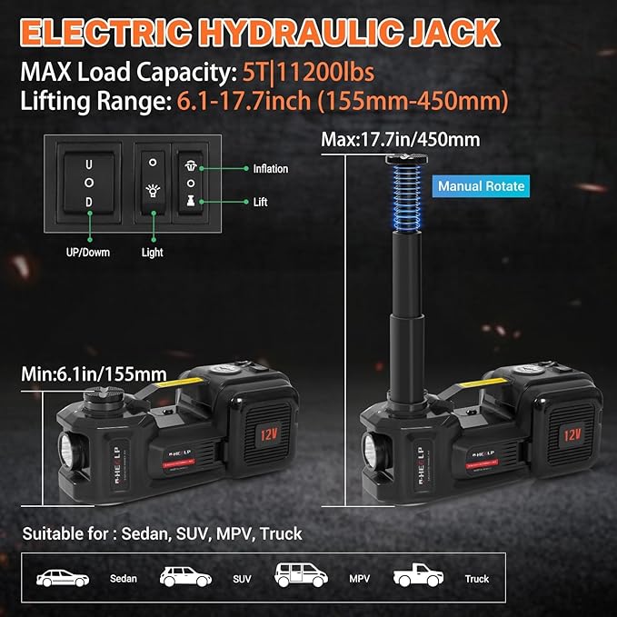 E-HEELP Electric Car Jack Kit 5Ton 12V Hydraulic Car Jack Lift (Lifting Range: 6.1~17.7 inch) with Electric Impact Wrench for SUV MPV Sedan Truck Change Tires Garage Repair