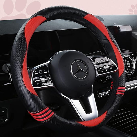 HighnessHwoo Car Steering Wheel Covers for Women Girl Padded Carbon Fiber PU Leather Cute Cartoon Auto Interior Accessories for Jeep, Truck, Universal, Anti Slip, Red, Large Size, 15.2-16in