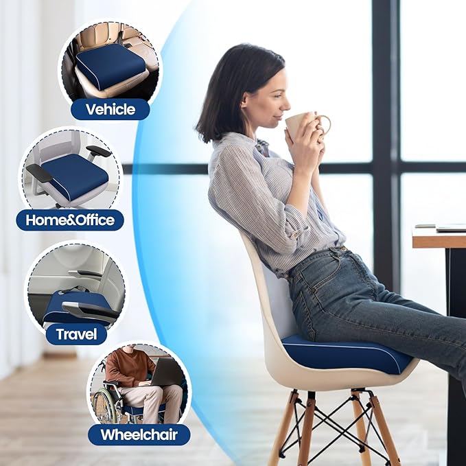 SweetSlubr Seat Cushion for Tailbone Pain Relief, Office Chair Cushion, Memory Foam Large Chair Cushion with Non-Slip Cover for Soft Support at Office Chair, Car Seat, Airplane Dark Blue/X-Large