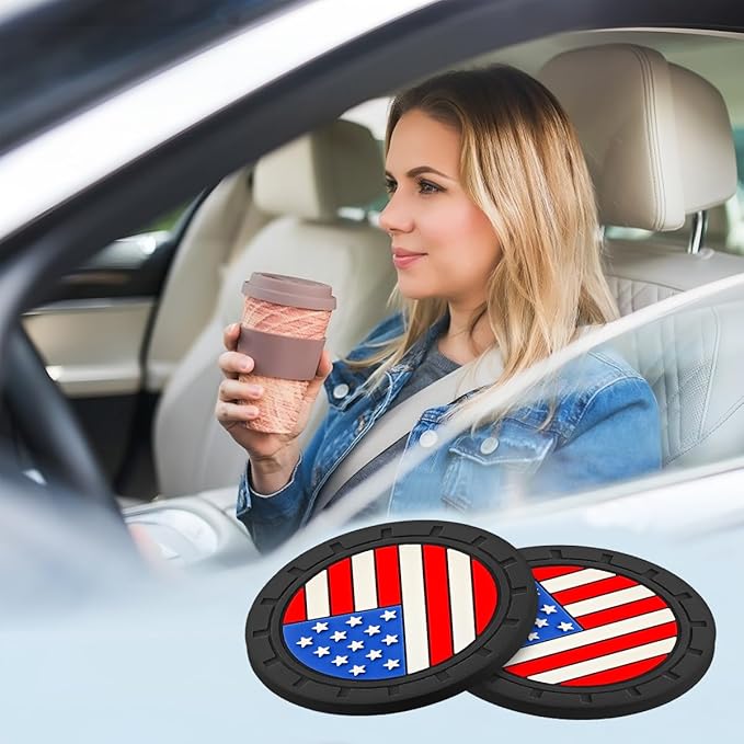 Osilly Car Cup Holder Coasters, 4 Pack American Flag Insert Car Cup Coaster, 2.75 Inch PVC Anti Slip Shockproof Embedded Drink Mat, Car Interior Decoration Accessories for SUV, Truck (Multicolor)