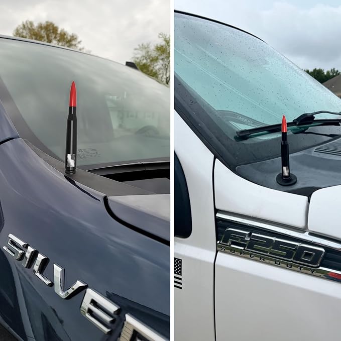 Car Truck Bullet Antenna with Tire Valve Caps American Flag Universal Short Replacement for GMC Sierra Chevy Silverado Dodge Ram 1500 2500 3500 Ford F150 F250 F350 Super Duty Raptor Accessories, Red