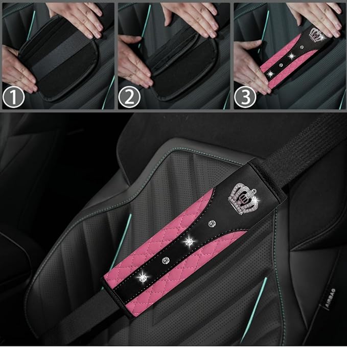 NBTEPEM 6 PCS Bling Car Accessories Set, Leather Steering Wheel Covers Universal 14.5-15 inch, Center Console Cover, Seat Belt Cushion, Cup Holder Coaster (Pink)