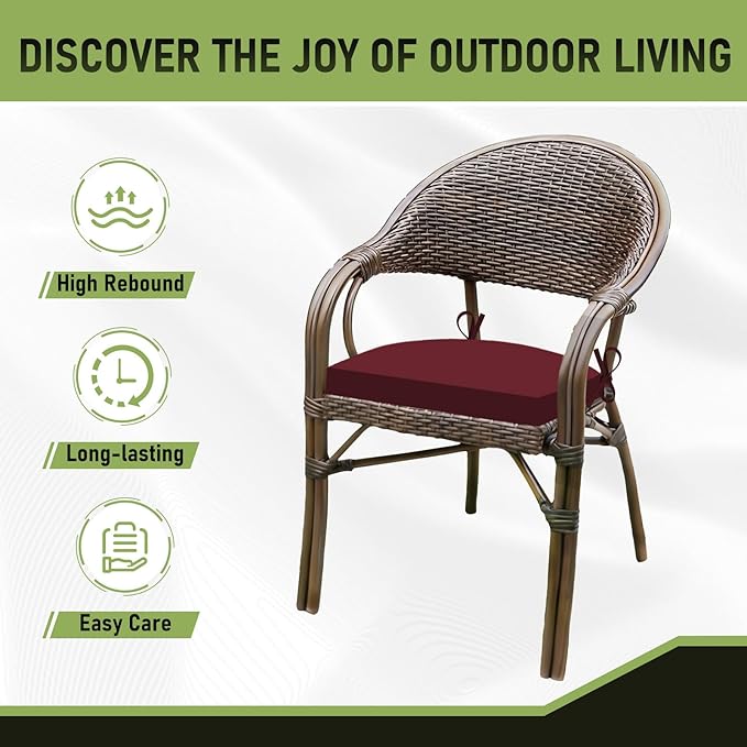 Basic Beyond Outdoor Chair Cushions Set of 4, Outdoor Cushions for Patio Furniture, Water Resistant Patio Chair Cushions with 2 Ties, 17x16x2, Burgundy