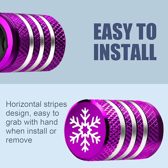 Tire Valve Stem Cap Cover - (5 Pack) Tire Air Caps Metal with Plastic Liner Corrosion Resistant Leak-Proof Snow Snowflake for Car Motorcycle Bike Purple