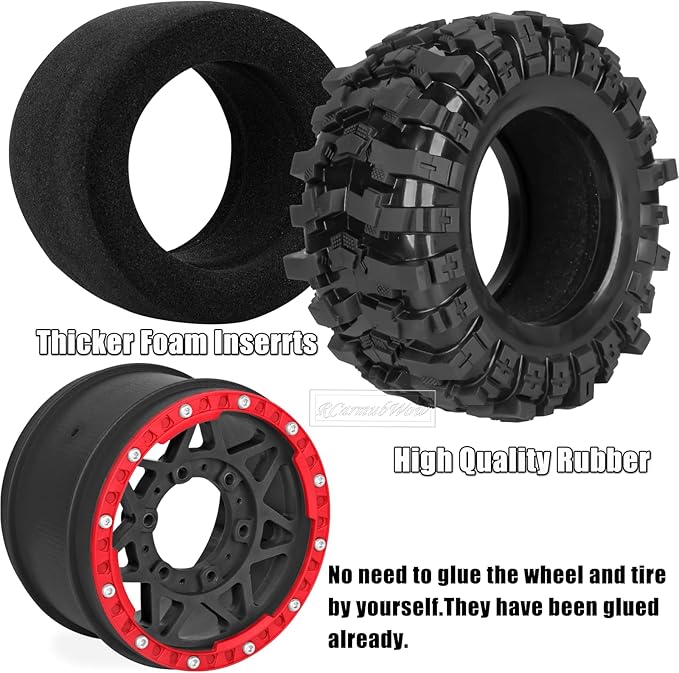 1/10 Scale RC Truck Tires,Wheels and Tires w/12/14/17MM Hex for Rustler Stampede Hoss,Arrm a Granite Vorteks Big Rock 3S,1/10 Off Road Tires Rubber Truck Tyres w/Foam Insert,Black w/Red