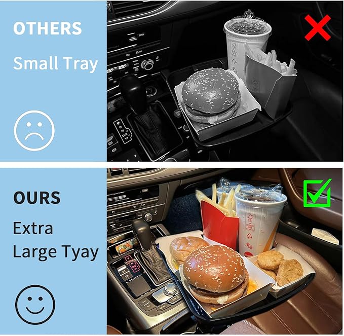 Kelofam Larger Cup Holder Tray, 10 inch Car Food Tray for Eating, Detachable 3 in 1 Car Cup Holder Expander and 360° Rotating Car Cup Holder Tray Table with Phone Holder, Road Trip Essentials