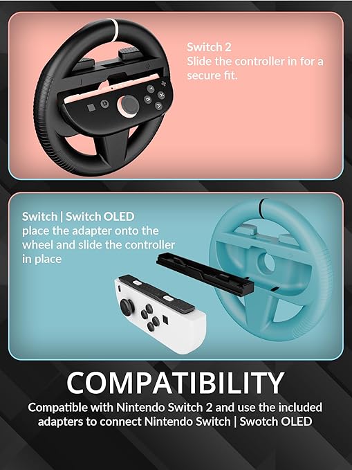 Orzly Racing Steering Wheels Compatible with Switch 2 (2025 Console) – Party [Pack of 4] Joy-Con Controller Attachments for MarioRacing Games (2 Black, 1 Blue, 1 Red) Gift Boxed
