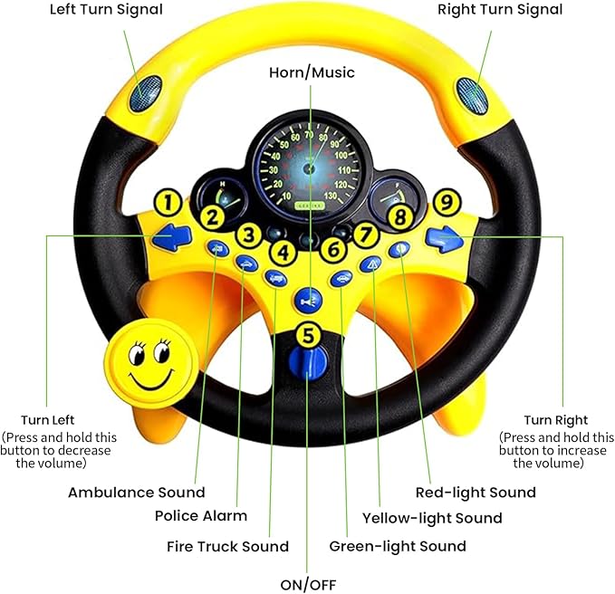 Kids Steering Wheel Toy for Car Backseat with Light and Music,Suction Cups Base-Interactive Simulated Driving Toy Steering Wheel for Kids Boys Girls,Yellow
