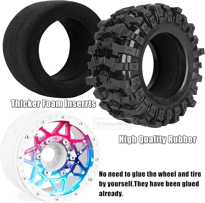 1/10 Scale RC Truck Tires,Wheels and Tires w/12MM/14MM Hex for Rustler Stampede Hoss, Granite Vorteks Big Rock 3S,1/10 Off Road Tires Rubber Truck Tyres w/Foam Insert,Multicolored