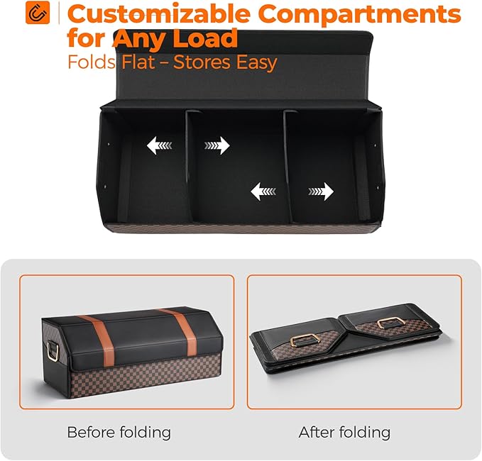 Fyzeoty Car Organizers and Storage - Trunk Organizer for Suv Car,Car Trunk Leather Storage Box,Extra Large,Magnetic Lid,Collapsible and Adjustable