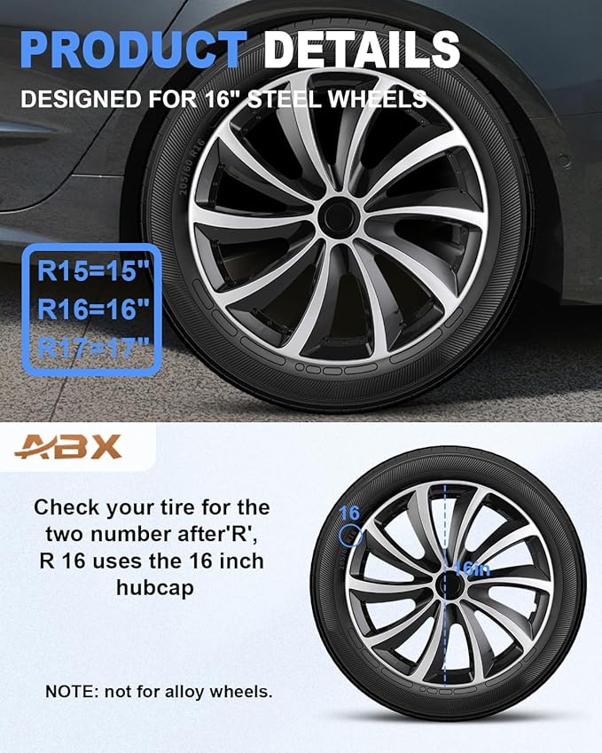 ABX Hubcap Wheel Covers Hub Caps 16 Inch Set of 4 Black & Silver Universal Wheel Rim Cover R16 Stylish Car Decor Wheel Covers for Toyota Camry Nissan Mazda (Black&Silver, 16 inch)