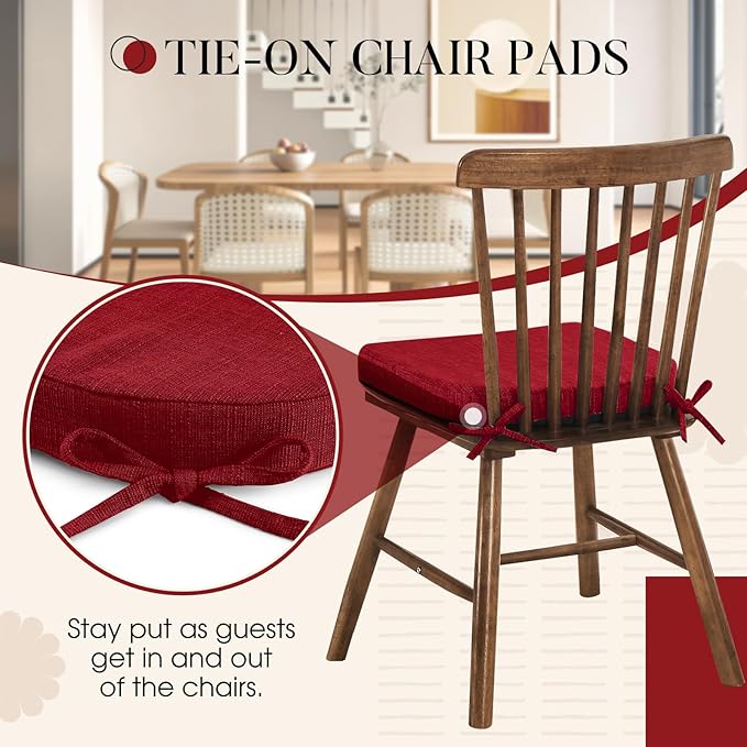 Basic Beyond Chair Cushions for Dining Chairs 6 Pack, Kitchen Chair Cushions with Ties and Non Slip Backing, 16 x 16 inches Chair Pads for Dining Chairs (Red)