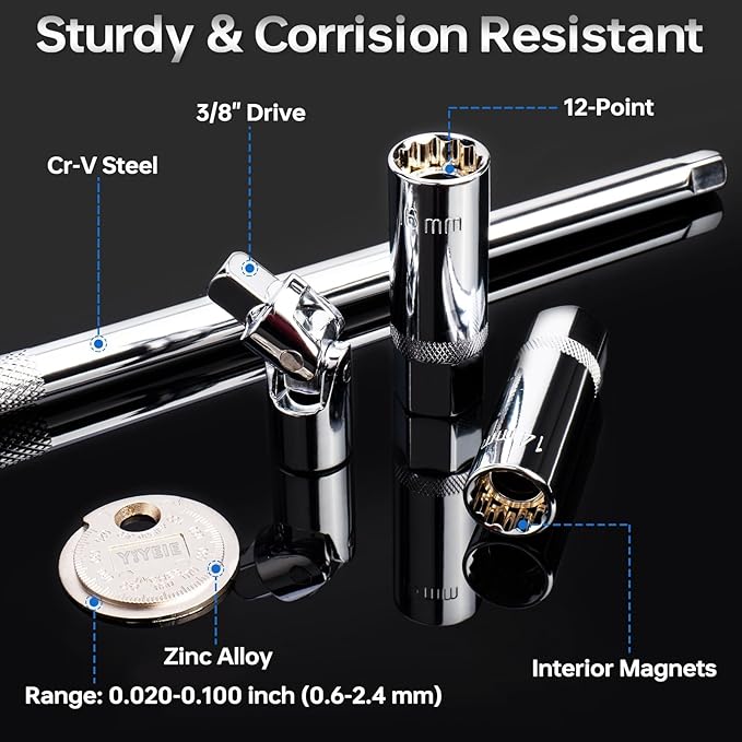 3/8-Inch Drive Torque Wrench Set, 5-50 FT.LB(6.8-67.8 Nm), Magnetic Spark Plug Socket Set, 12-Point Sockets 14mm & 16mm, Spark Plug Gap Tool, ±3% Accuracy, 72-Tooth Torque Wrench for Motor, Car Repair