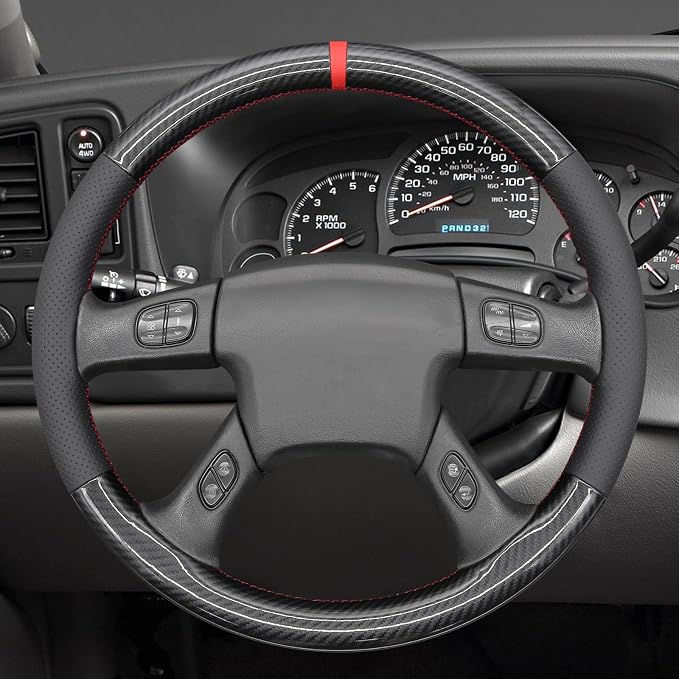 MEWANT Hand Stitch Steering Wheel Cover for Chevy Silverado 1500 2003-2006 Carbon Fiber Faux Leather Steering Wheel Wrap