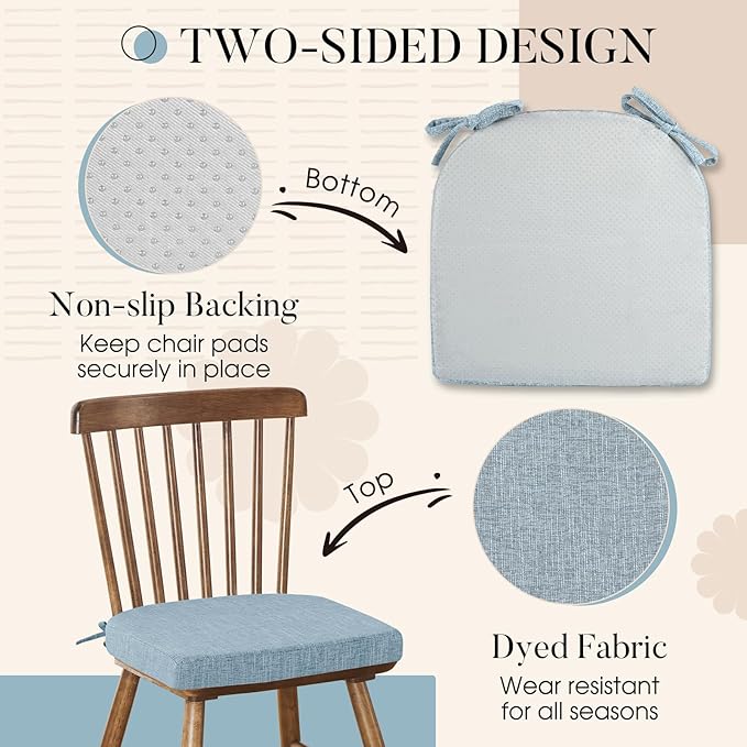 Basic Beyond Chair Cushions for Dining Chairs 4 Pack, Kitchen Chair Cushions with Ties and Non Slip Backing, 16 x 16 inches Chair Pads for Dining Chairs (Baby Blue)