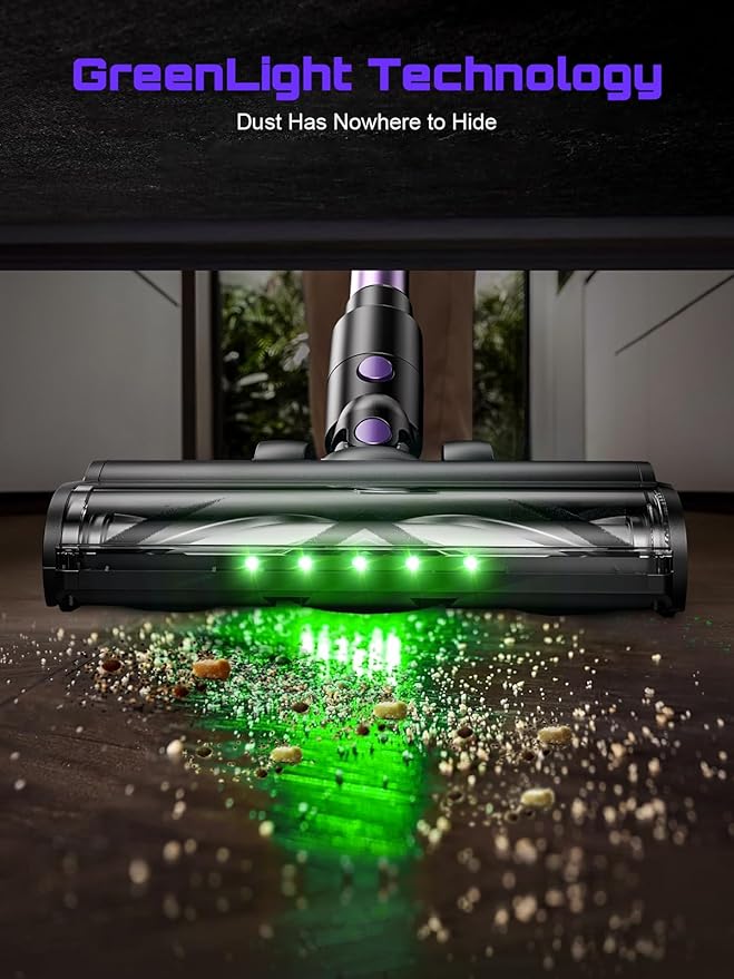 Cordless Vacuum Cleaner, 10 in 1 Stick Vacuum with Powerful Suction, Hose, Green LED Light, Anti-Tangle Brush, Lightweight Rechargeable Vacuum Cleaner for Home, Hardwood Floors,Pet Hair (Purple)